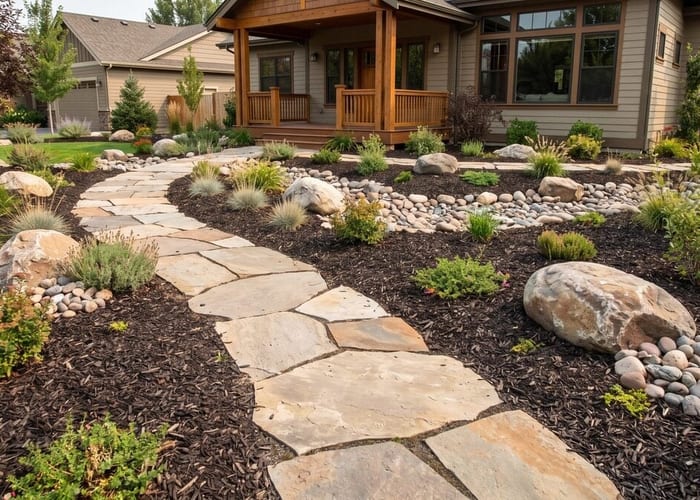 Decorative rock and mulch landscaping project in a Des Moines backyard